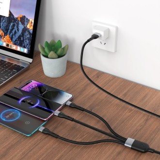 DeTech DE-51CCL datový kabel, 3v1, Type-C na 2x Type-C, Lightning, 1.0m - černá