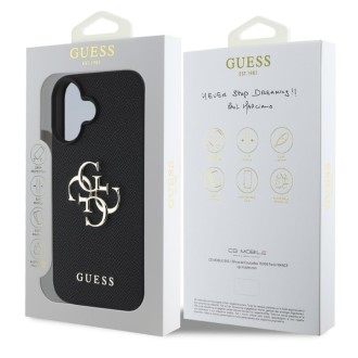 Guess PU Grained 4G Metal Logo Zadní Kryt pro iPhone 16 Černá