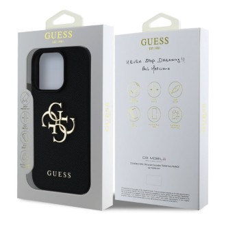 Guess PU Grained 4G Metal Logo Zadní Kryt pro iPhone 16 Pro Černá