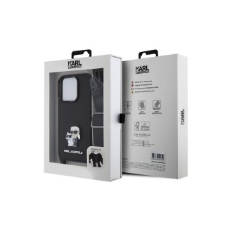 Karl Lagerfeld Saffiano Crossbody Popruh Metal Karl and Choupette Zadní Kryt pro iPhone 15 Pro Černá