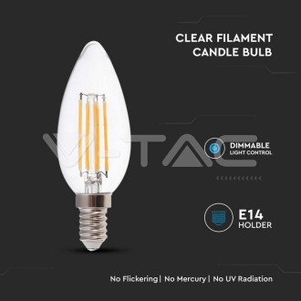 LED Žárovka 5.5W Filament E14 Stmívatelná Čirá Svíčka 3000K