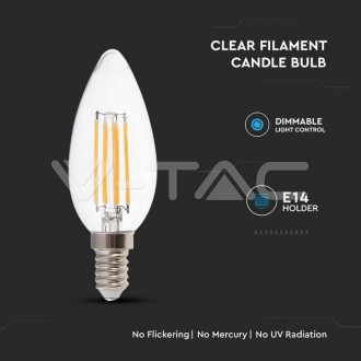 LED Žárovka Filament 4W E14 Svíčka 3000K Stmívatelná Čirá – V-TAC VT-2304D VT-2304D