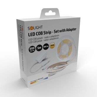 Solight LED COB pásek, sada s adaptérem, vypínač, 5m, 8W/m, 800lm/m, teplá bílá