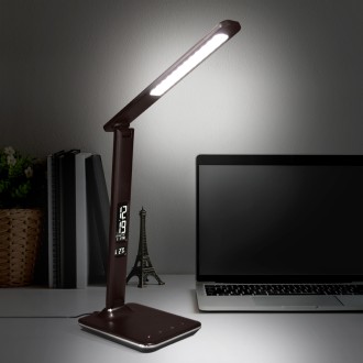 Solight LED stolní lampička s displayem, 9W, volba teploty světla, kůže, hnědá