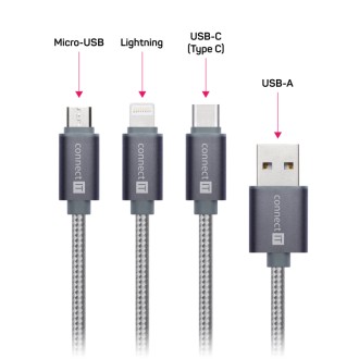 Connect IT Wirez datový kabel, 3v1, USB na USB-C + microUSB + Lightning,  1.2m - šedá