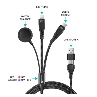 Connect IT Wirez datový kabel, 6v1, USB/USB-C na Lightning + USB-C + Watch Charger,  1.2m - černá