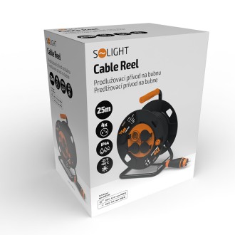 Solight prodlužovací přívod na bubnu, 4 zásuvky, venkovní, 25m gumový kabel, 3x 1,5mm2, IP44