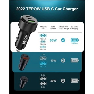 Tepow nabíječka do auta 2x USB-C + USB 66W