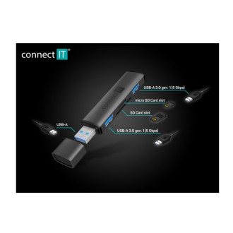 Connect IT Compact 4v1 USB-A hub + čtečka karet (2xUSB-A 3.0, 1xSD, 1xMicroSD) - černá