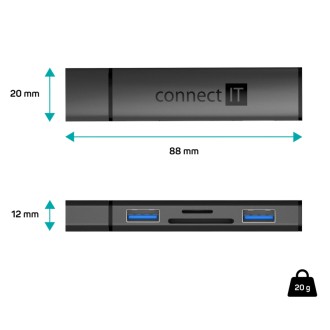 Connect IT Compact 4v1 USB-A hub + čtečka karet (2xUSB-A 3.0, 1xSD, 1xMicroSD) - černá
