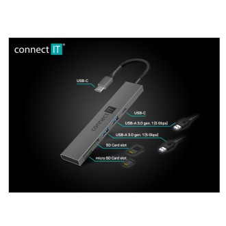 Connect IT Compact PRO USB-C hub + čtečka karet (2xUSB-A 3.0, 1xUSB-C) - šedá