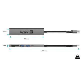 Connect IT Compact PRO USB-C hub + čtečka karet (2xUSB-A 3.0, 1xUSB-C) - šedá