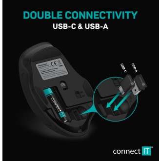 Connect IT Dual SmartSwitch bezdrátová myš, USB-A + C (+1x AA baterie) - šedá