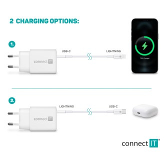 Connect IT Duplex Nabíjecí adaptér 1x Lightning + 1x USB-C, 20W, kabel 27W - bílá