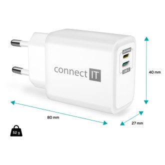 Connect IT Duplex Nabíjecí adaptér 1x Lightning + 1x USB-C, 20W, kabel 27W - bílá