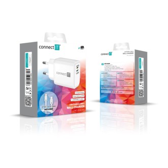 Connect IT Duplex Nabíjecí adaptér 1x Lightning + 1x USB-C, 20W, kabel 27W - bílá