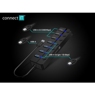 Connect IT Mighty Switch 2 USB-A hub (4xUSB-A 3.0, 3xUSB-A 2.0) - černá