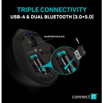 Connect IT Triple SmartSwitch bezdrátová myš, 2.4 GHz & BT - černá