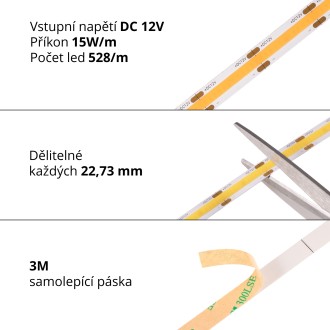 T-led - COB LED pásek 12COB15 vnitřní Varianta: Studená bílá, Barevná teplota (К): Teplá bílá
