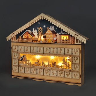 Solight LED adventní kalendář - horská chata, 10x LED, 50x40cm, 2x AA Stupeň krytí (IP): IP20