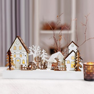 Solight LED vánoční vesnička, 34x17cm, dřevo, 4 LED, 2x AA Stupeň krytí (IP): IP20