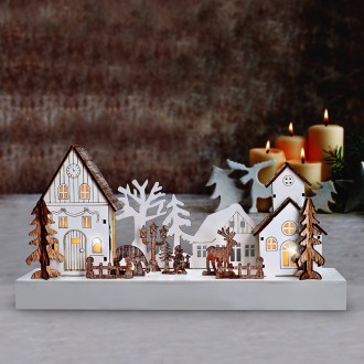 Solight LED vánoční vesnička, 34x17cm, dřevo, 4 LED, 2x AA Stupeň krytí (IP): IP20