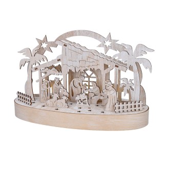 Solight vánoční dřevěný betlém podsvícený, 5x LED, přírodní dřevo, 25cm, 2x AA