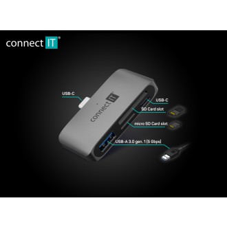 Connect IT CompactPRO USB-C Hub + Čtečka paměťových karet - šedá