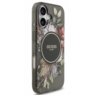 Guess zadní kryt s popruhem na ruku pro iPhone 17, IML Flowers MagSafe - černá
