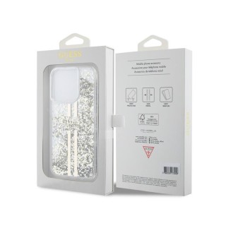 Guess PC/TPU Liquid Glitter Gold Stripe Zadní Kryt pro iPhone 15 Pro Transparent