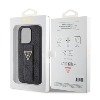 Guess PU Grip Stand 4G Strass Triangle Metal Logo Zadní Kryt pro iPhone 15 Pro Black