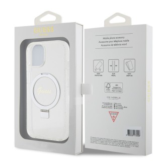 Guess IML Ring Stand Glitter MagSafe Zadní Kryt pro iPhone 15 Transparent