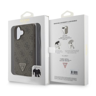 Guess PU 4G Strass Triangle Metal Logo Zadní Kryt + Crossbody Popruh pro iPhone 16 Brown