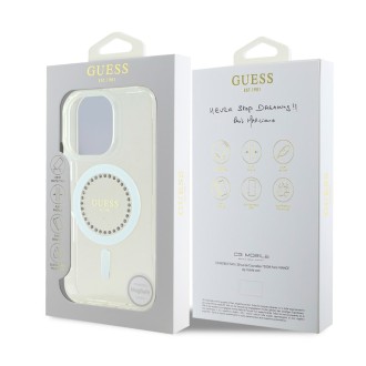 Guess IML Rhinestones Ring MagSafe Zadní Kryt pro iPhone 16 Pro White