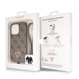 Guess PU 4G Strass Triangle Metal Logo Zadní Kryt + Crossbody Popruh pro iPhone 15 Pro Hnědý