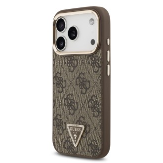 Guess PU Leather 4G Strass Triangle Logo Gold Frame MagSafe Zadní Kryt pro iPhone 17 Pro – hnědá