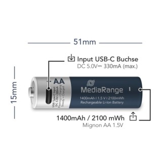 MediaRange nabíjecí USB-C Li-Ion baterie Mignon AA, 1,5V, 1400 mAh – 4ks