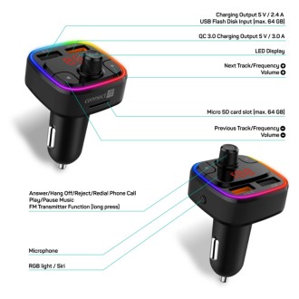 Connect IT CarRGB Bezdrátový FM transmitter, 2xUSB + MicroSD – černá