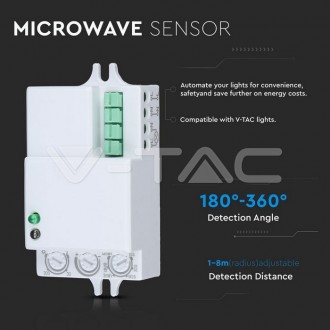 V-TAC Mikrovlnný pohybový senzor na zeď 180/360 °-IP20-bílý VT-8018