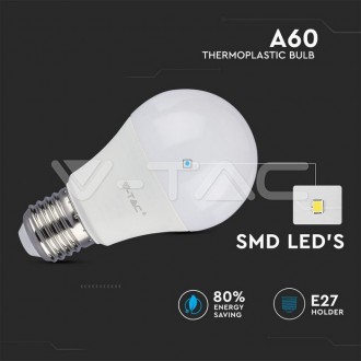 V-TAC LED žárovka E27-9W-A60-806LM-3ks balení-VT-1900 barevná teplota (К): studená bílá / 6400K SKU7242