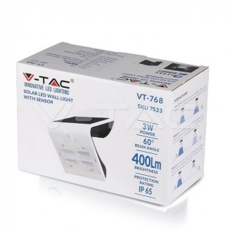 V-TAC LED solární nástěnné svítidlo s pohybovým senzorem-3W-IP65-VT-768-bílé SKU7523