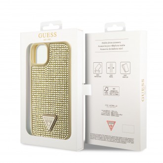 Guess Rhinestones Triangle Metal Logo Kryt pro iPhone 14 zlatý