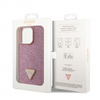Guess Rhinestones Triangle Metal Logo Kryt pro iPhone 14 Pro růžový